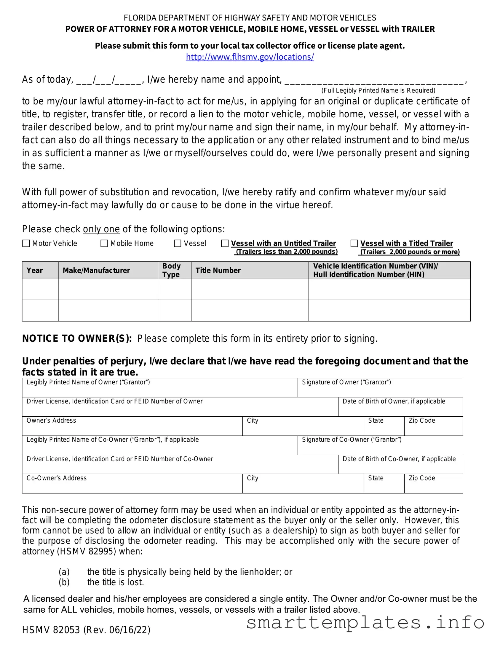Fill in a Valid Florida Vehicle POA form 82053 Form