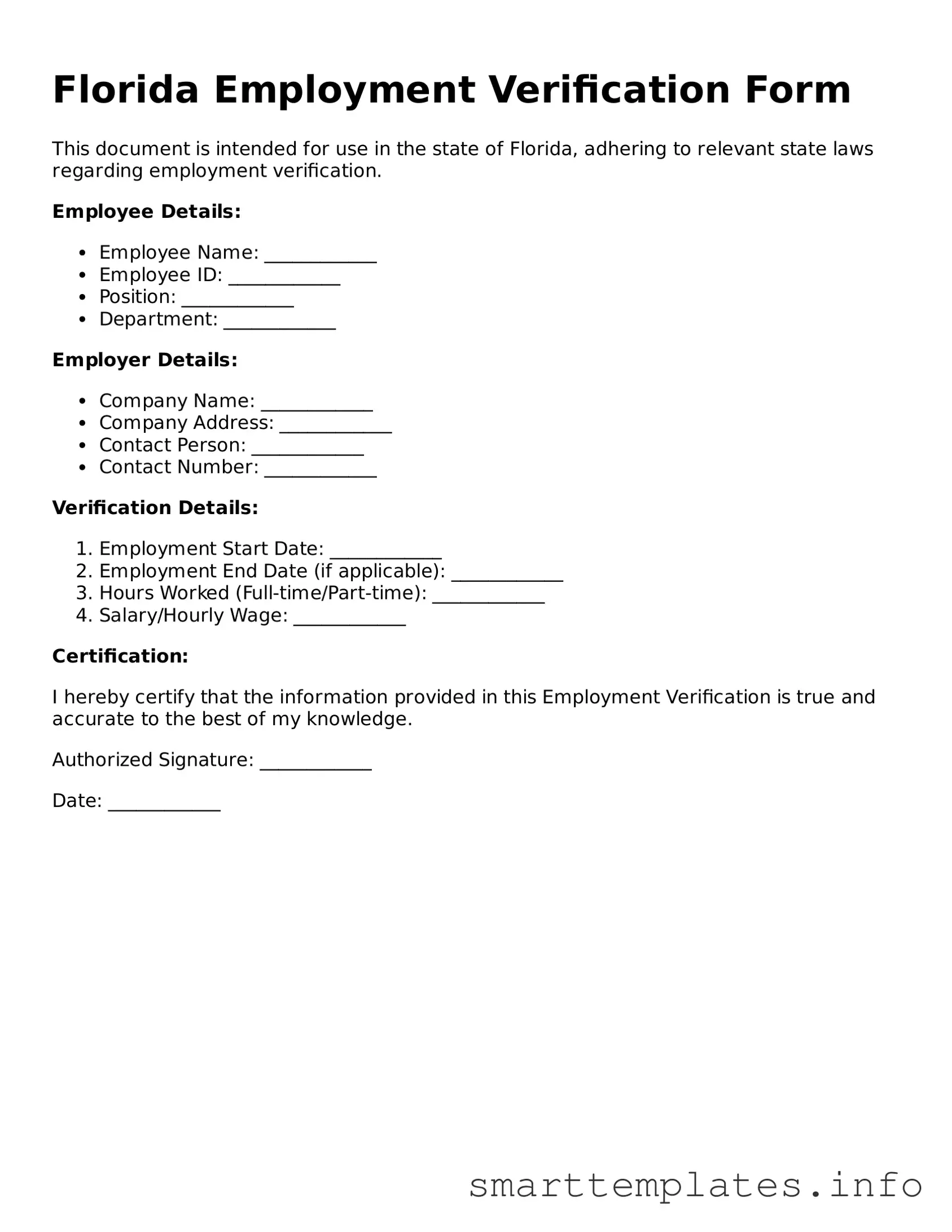 Legal Employment Verification Template for Florida State