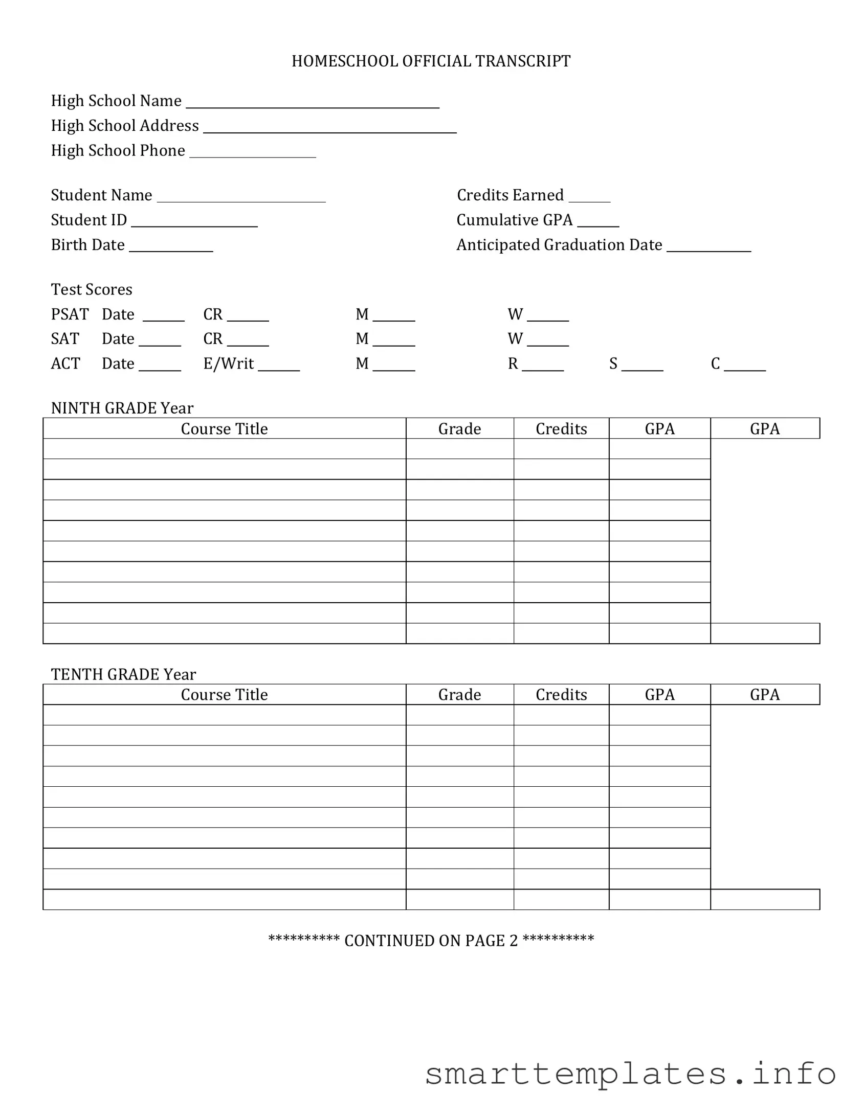 Fill in a Valid High School Transcript Form