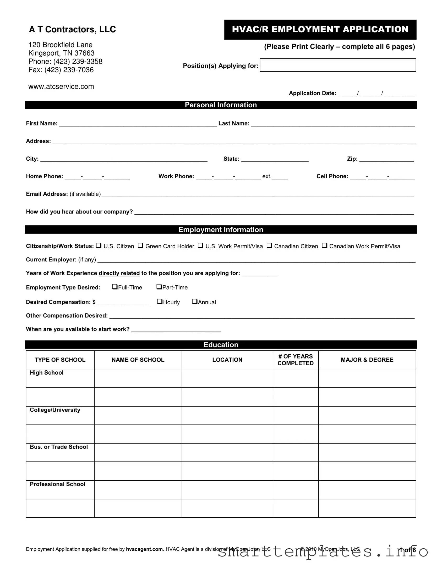 Fill in a Valid Hvac Job Application Form