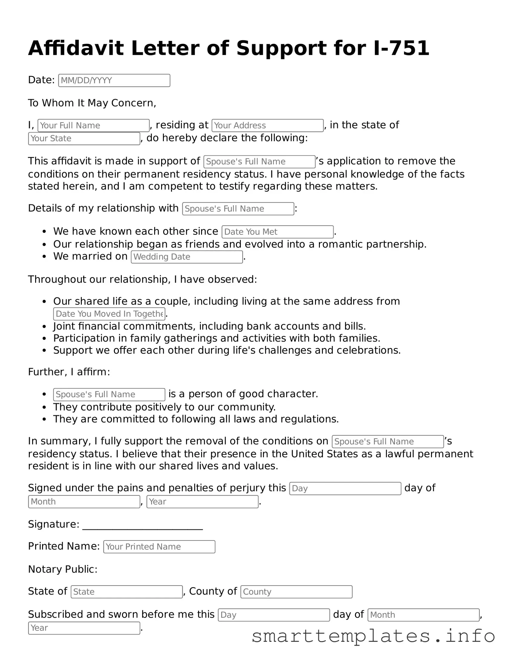 Attorney-Approved Affidavit Letter of Support for I-751 Template