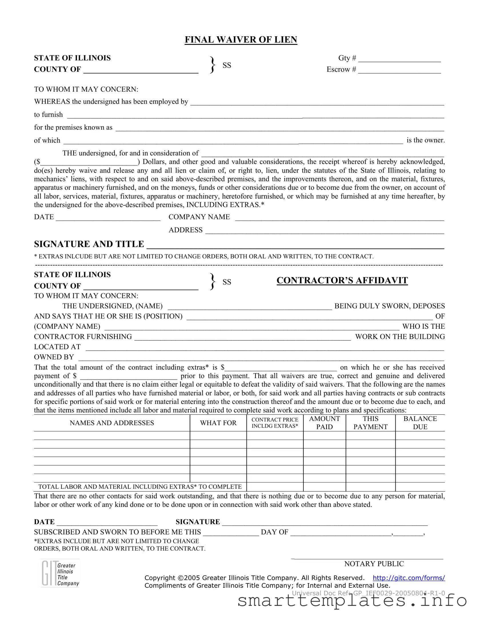 Fill in a Valid Illinois Final Waiver Of Lien Form