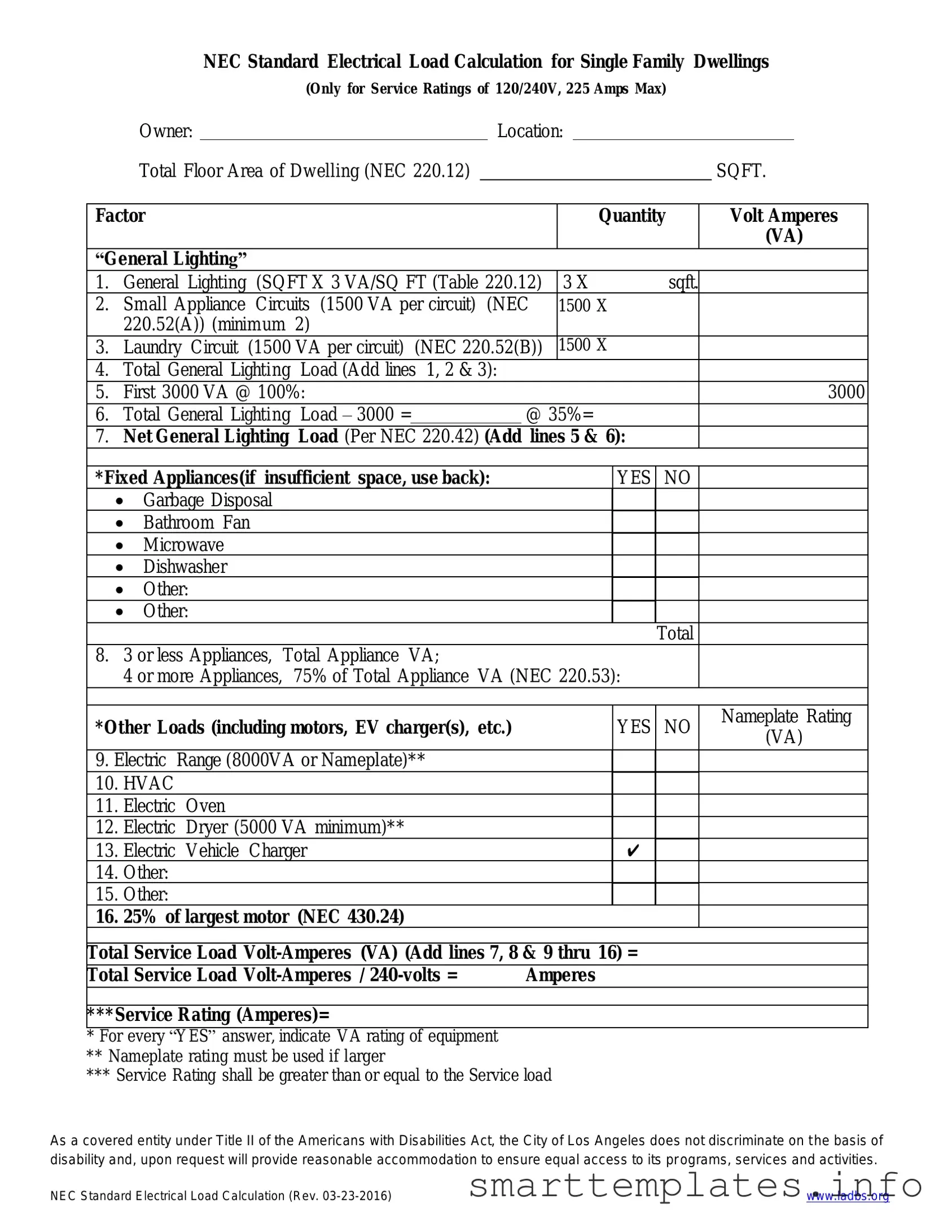 Fill in a Valid LADBS NEC Standard Electrical Load Calculation Form