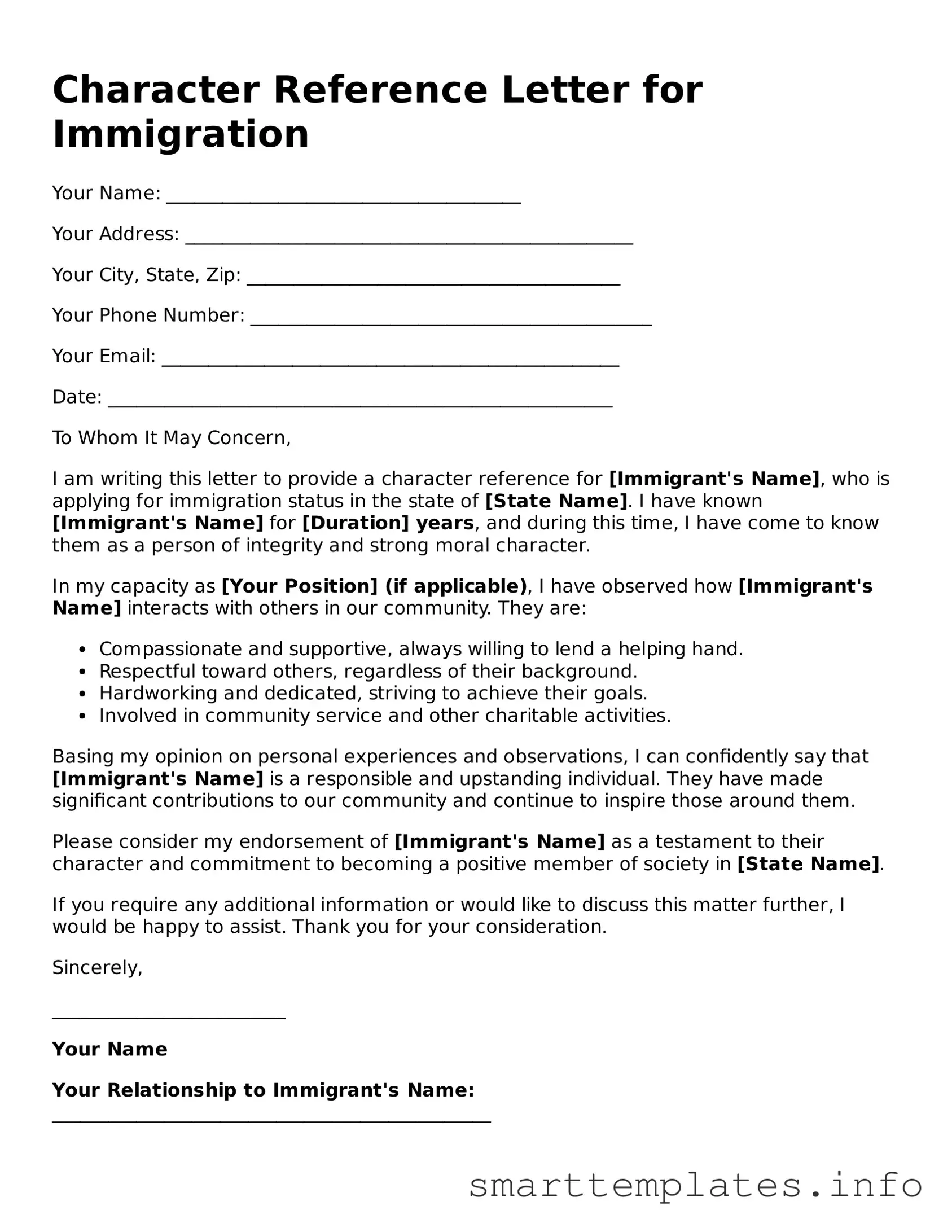 Attorney-Approved Character Reference Letter for Immigration Template