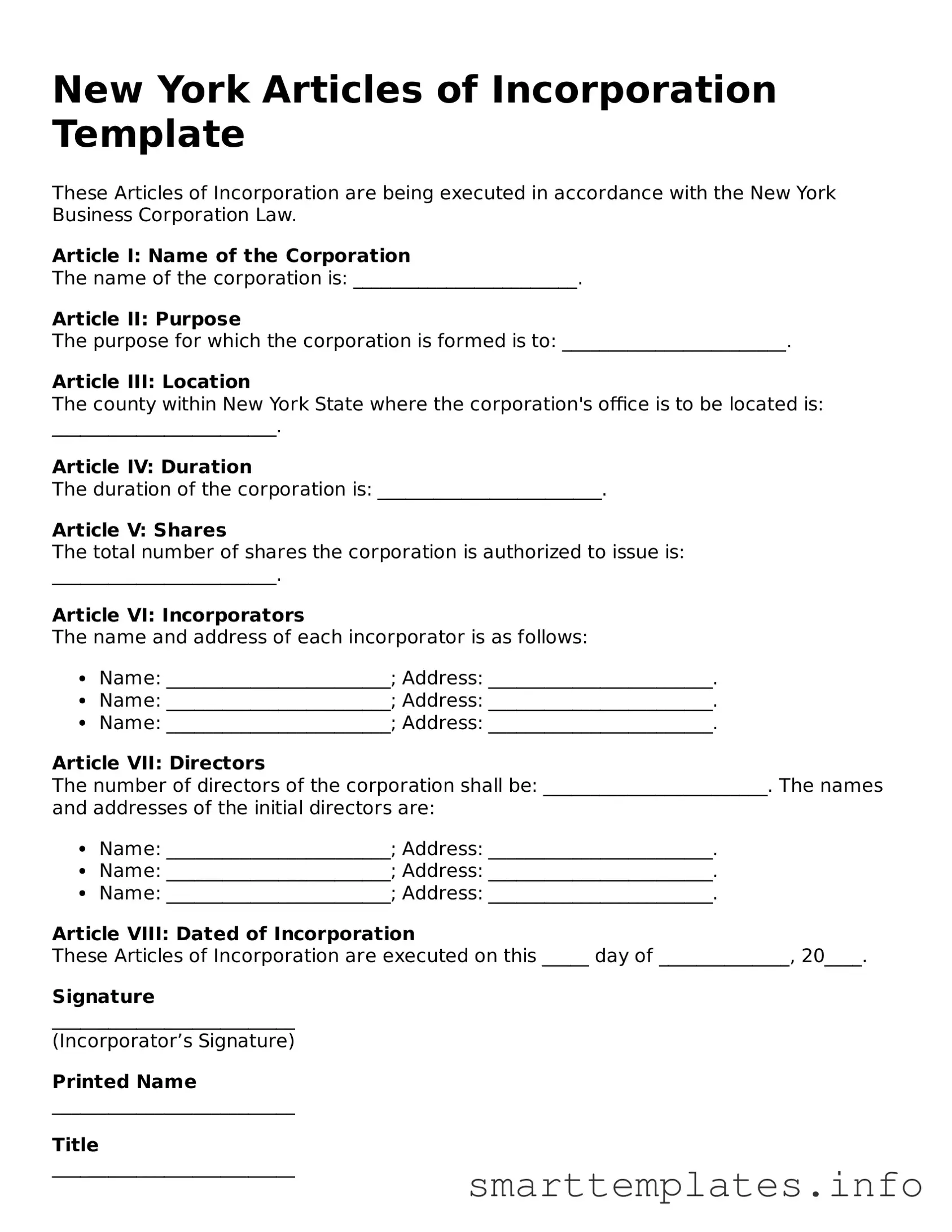 Legal Articles of Incorporation Template for New York State
