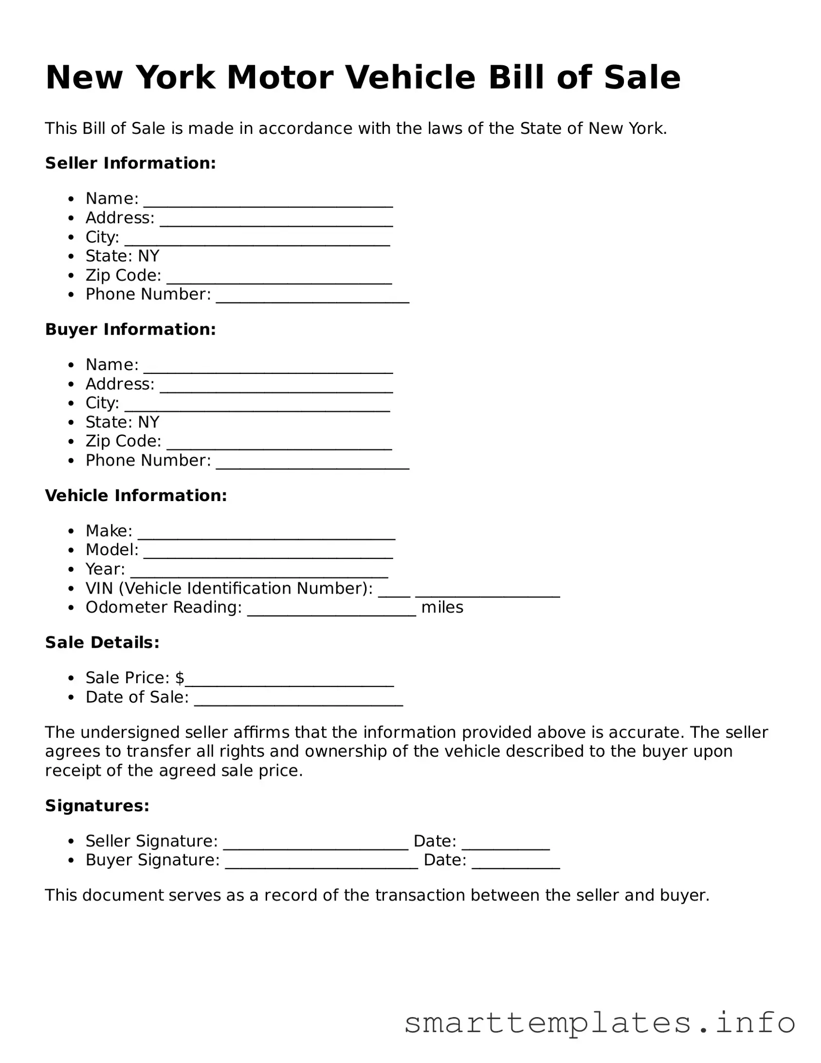 Legal Motor Vehicle Bill of Sale Template for New York State