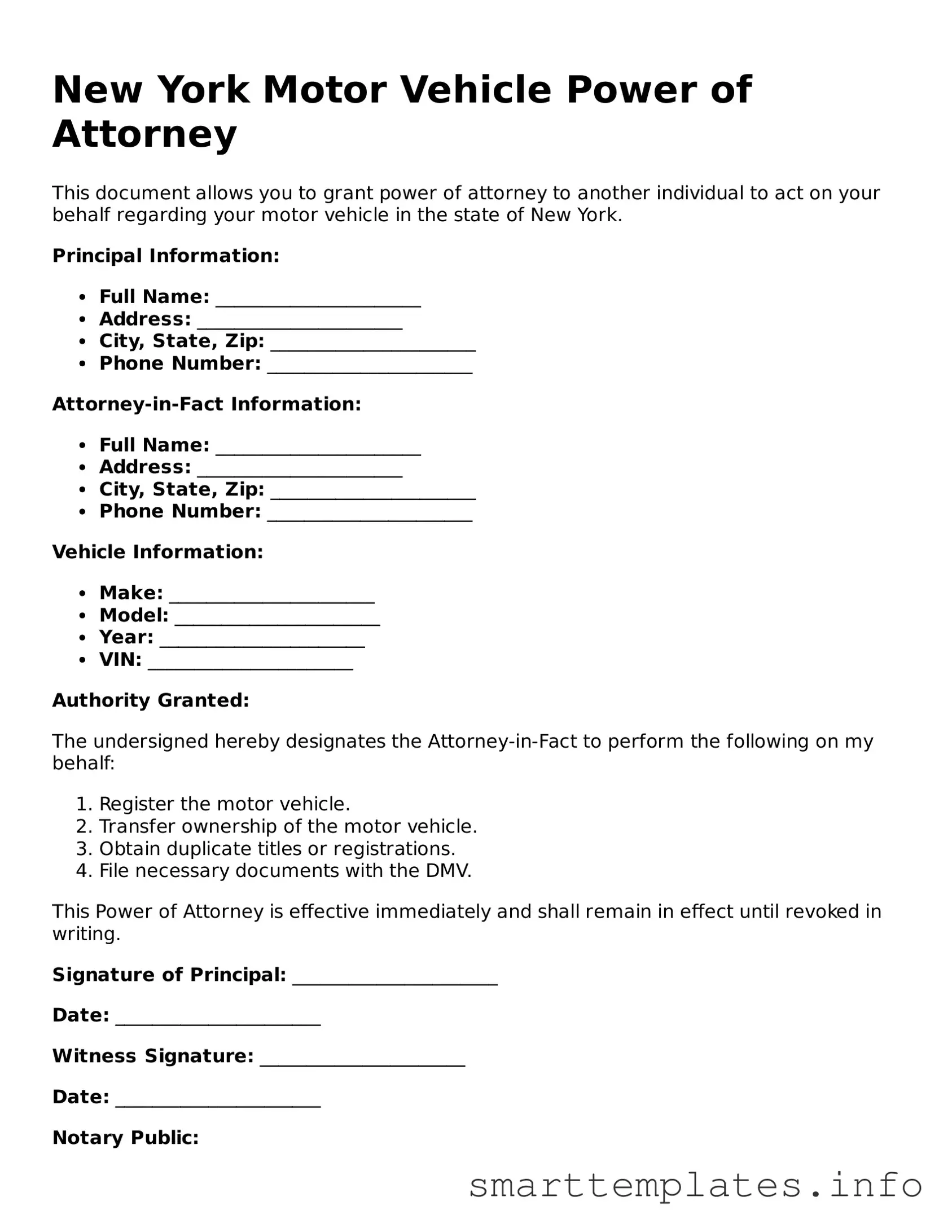 Legal Motor Vehicle Power of Attorney Template for New York State