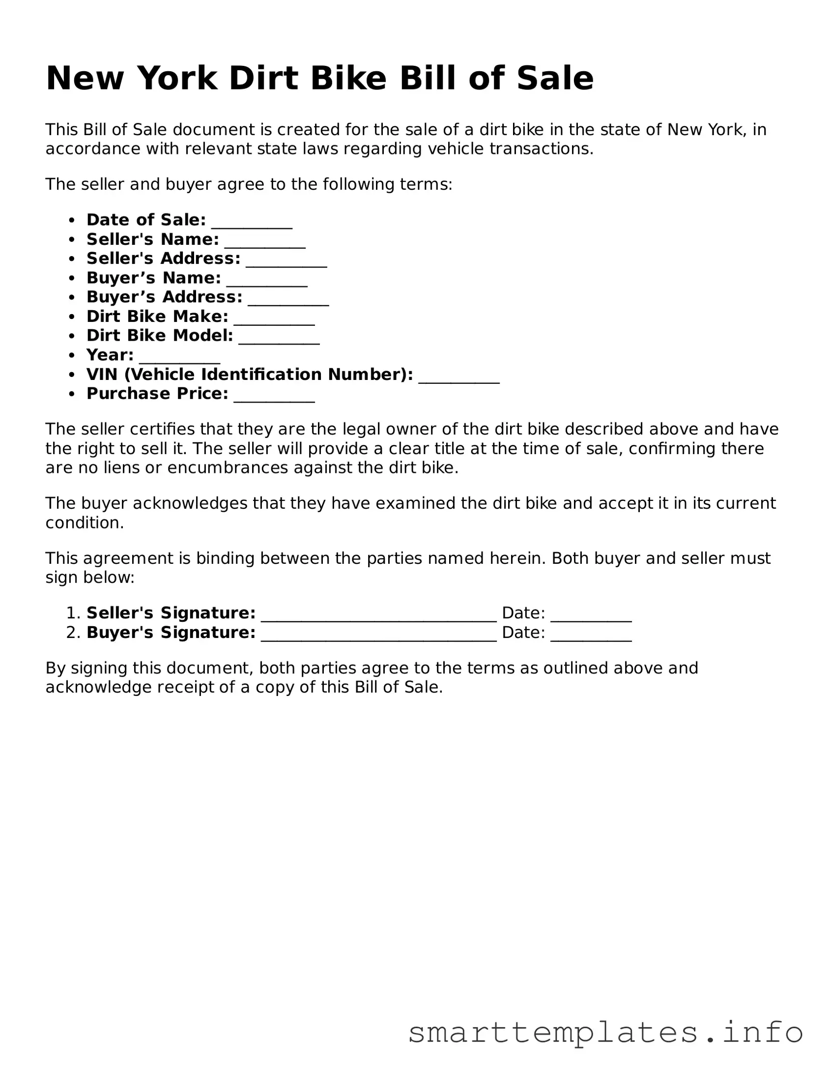 Legal Dirt Bike Bill of Sale Template for New York State