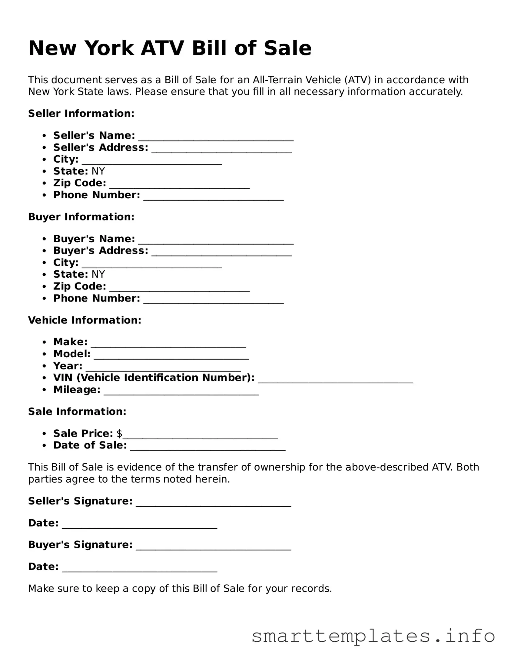 Legal ATV Bill of Sale Template for New York State