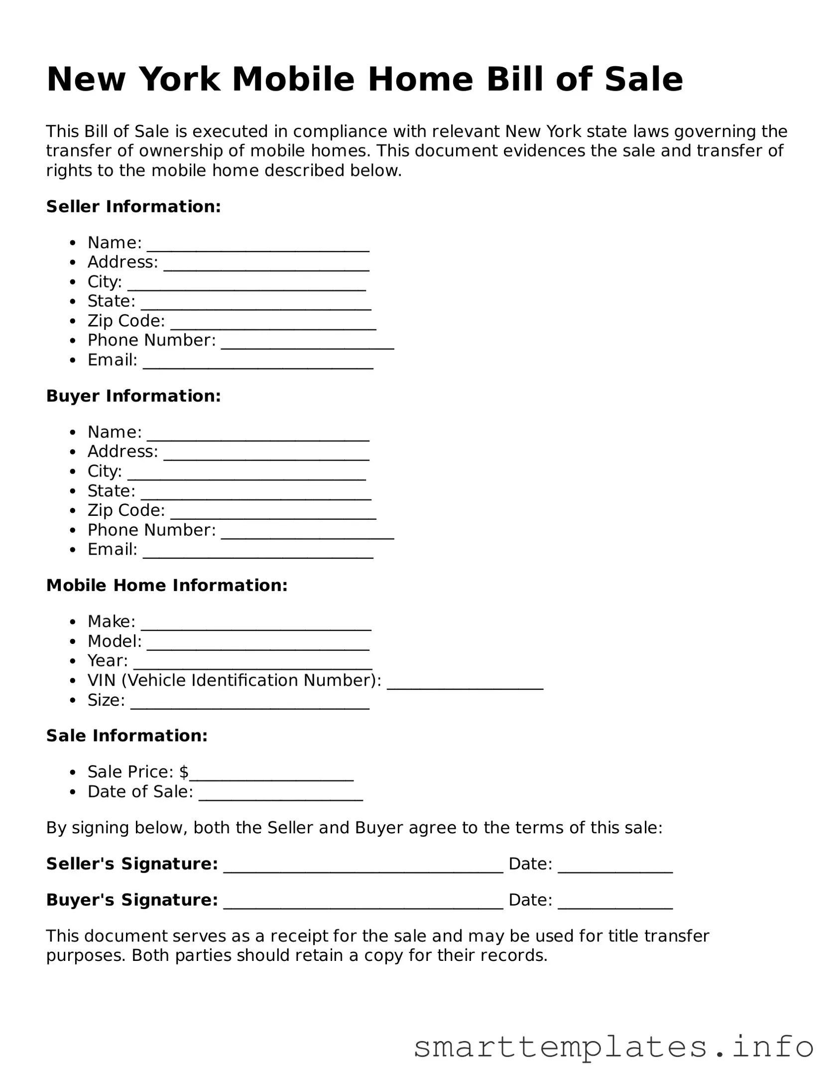 Legal Mobile Home Bill of Sale Template for New York State