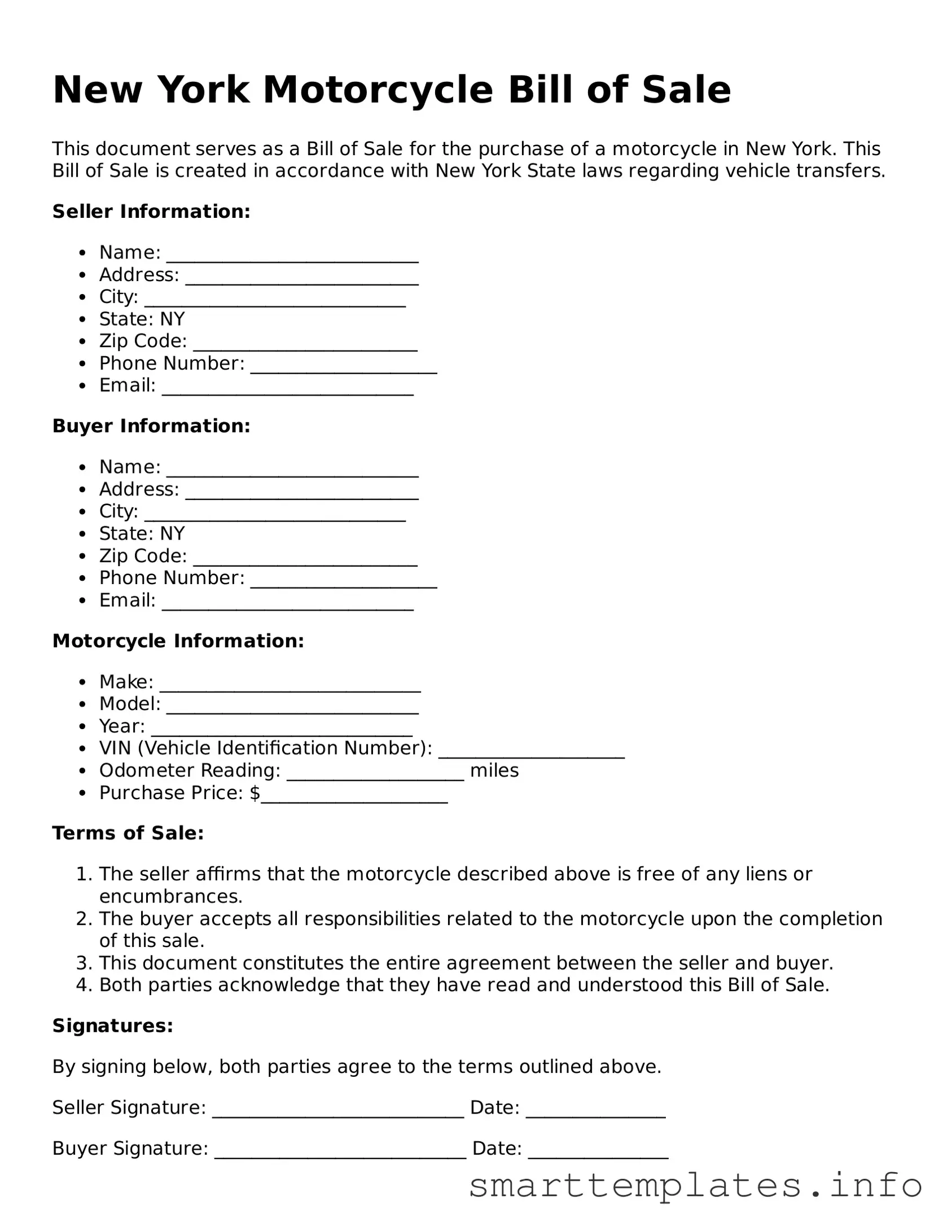 Legal Motorcycle Bill of Sale Template for New York State