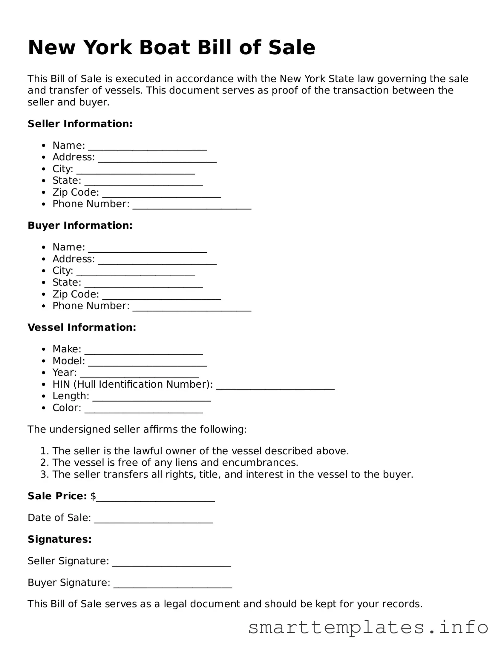 Legal Boat Bill of Sale Template for New York State