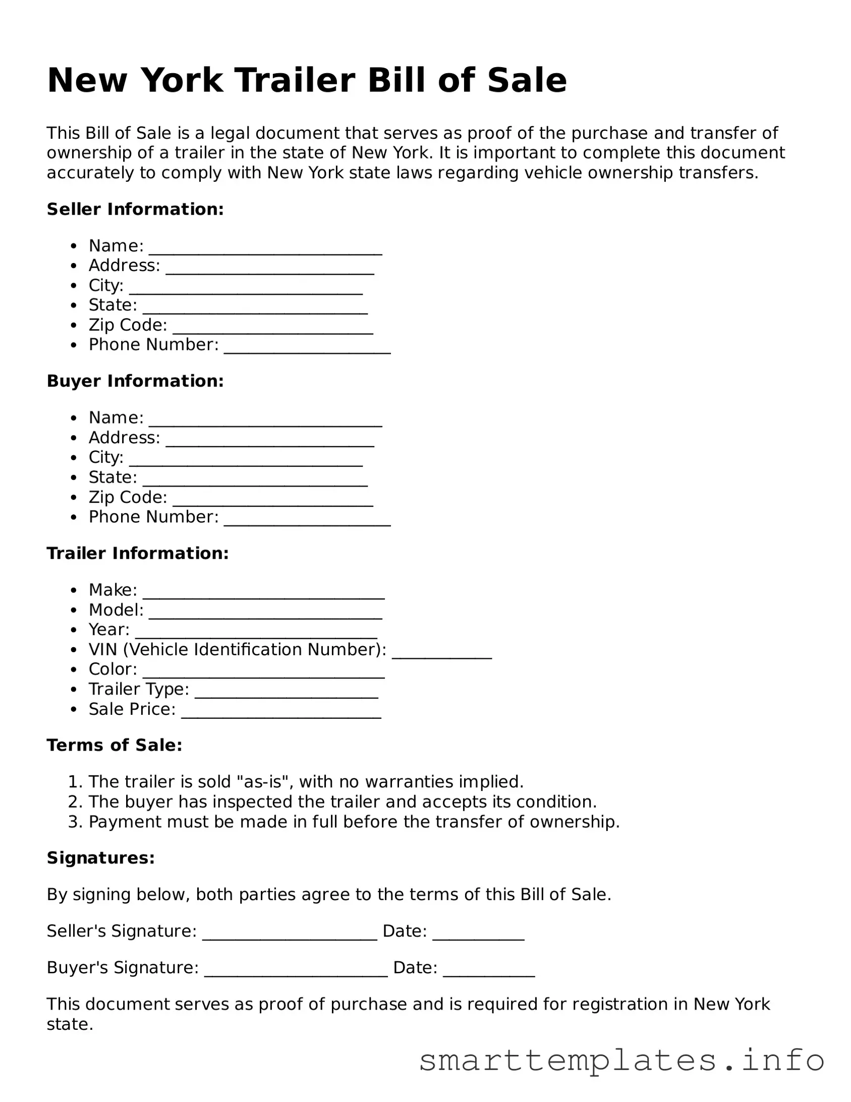 Legal Trailer Bill of Sale Template for New York State