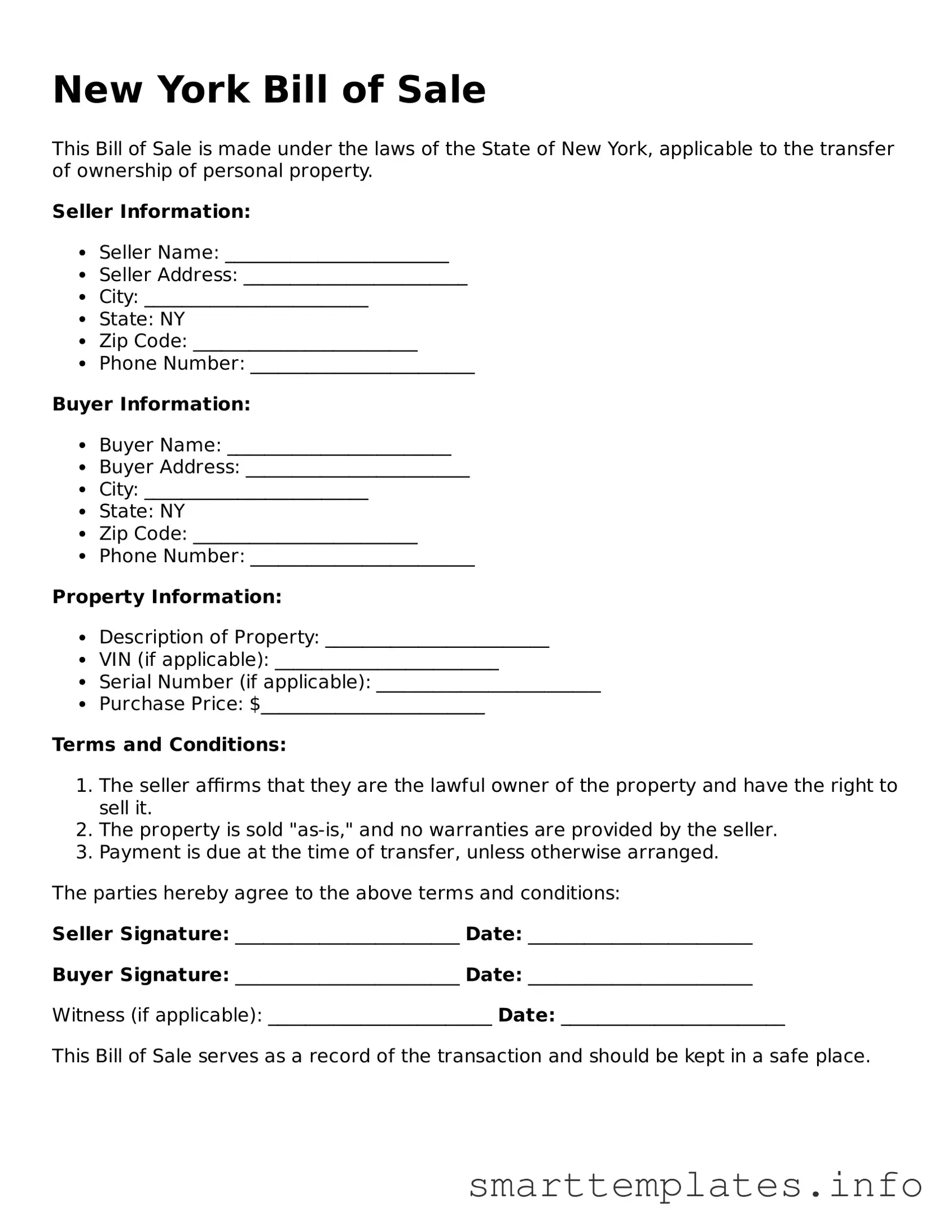 Legal Bill of Sale Template for New York State