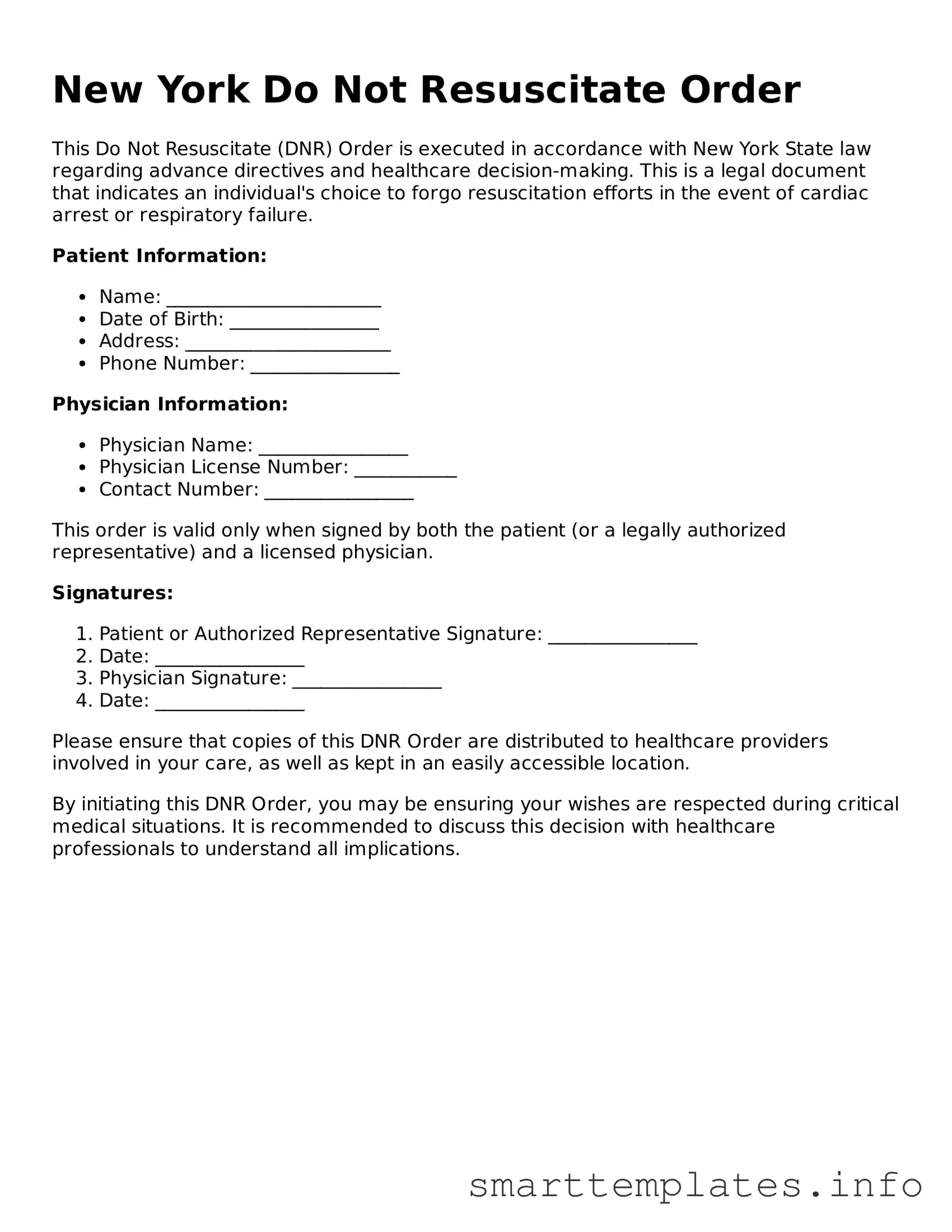 Legal Do Not Resuscitate Order Template for New York State