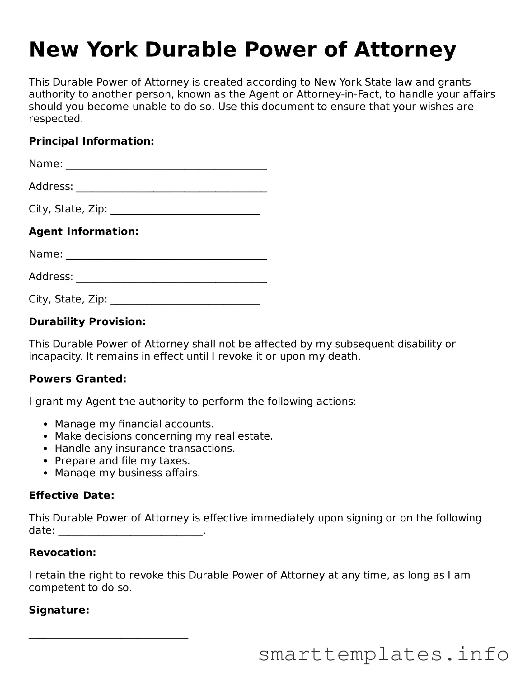 Legal Durable Power of Attorney Template for New York State