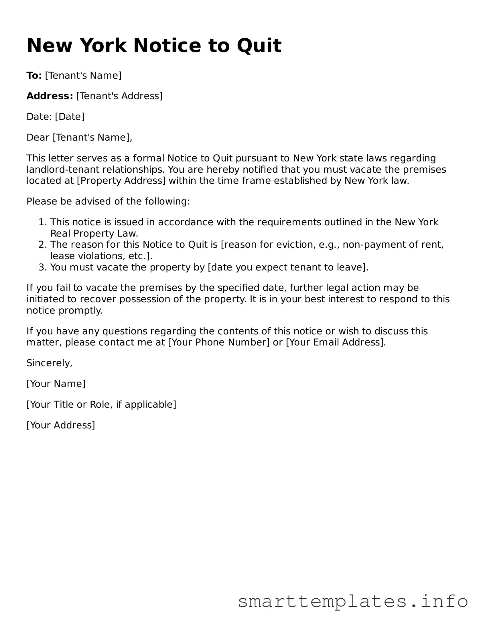Legal Notice to Quit Template for New York State