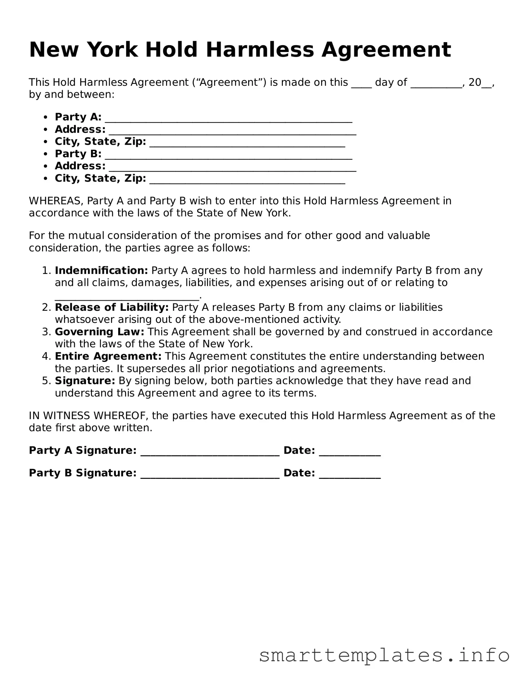 Legal Hold Harmless Agreement Template for New York State