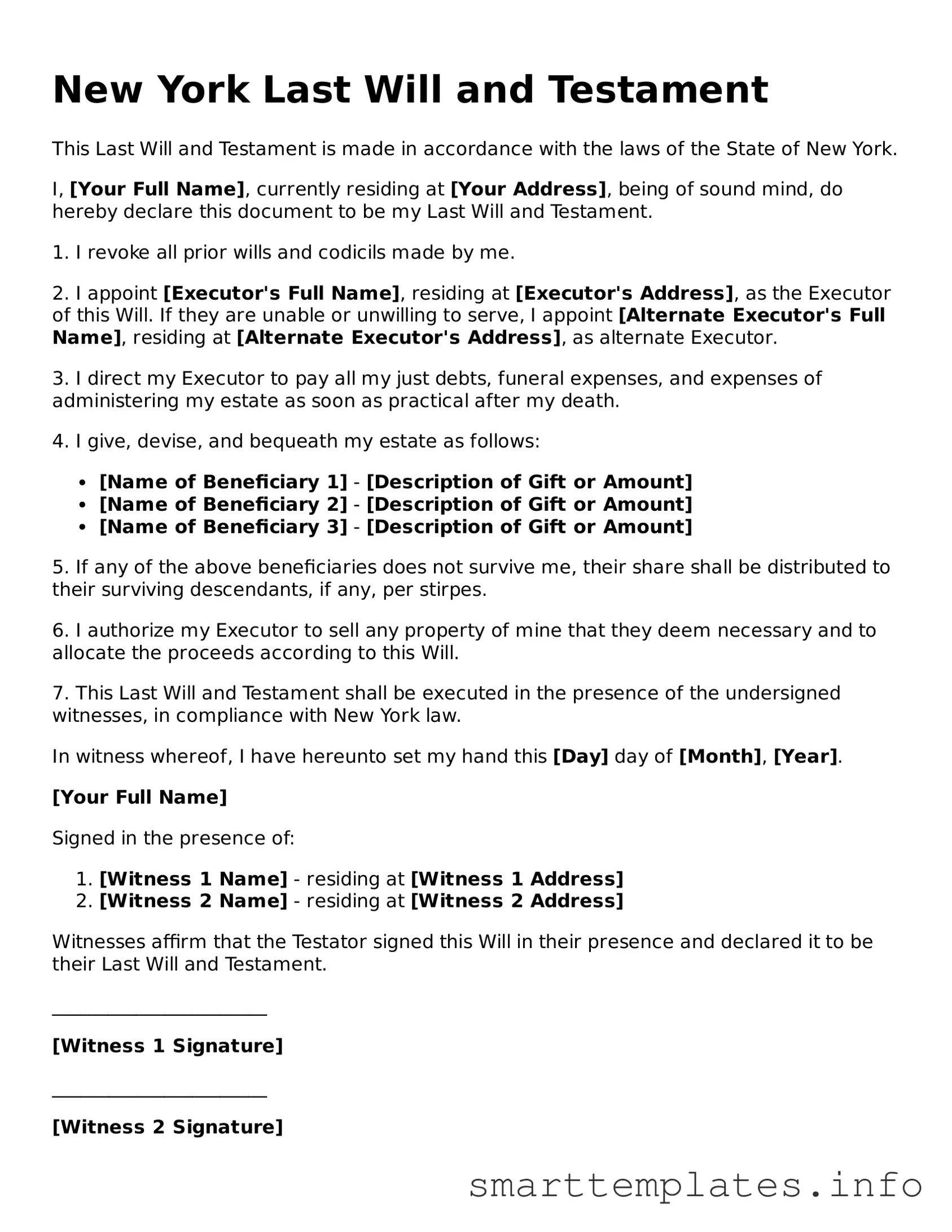 Legal Last Will and Testament Template for New York State
