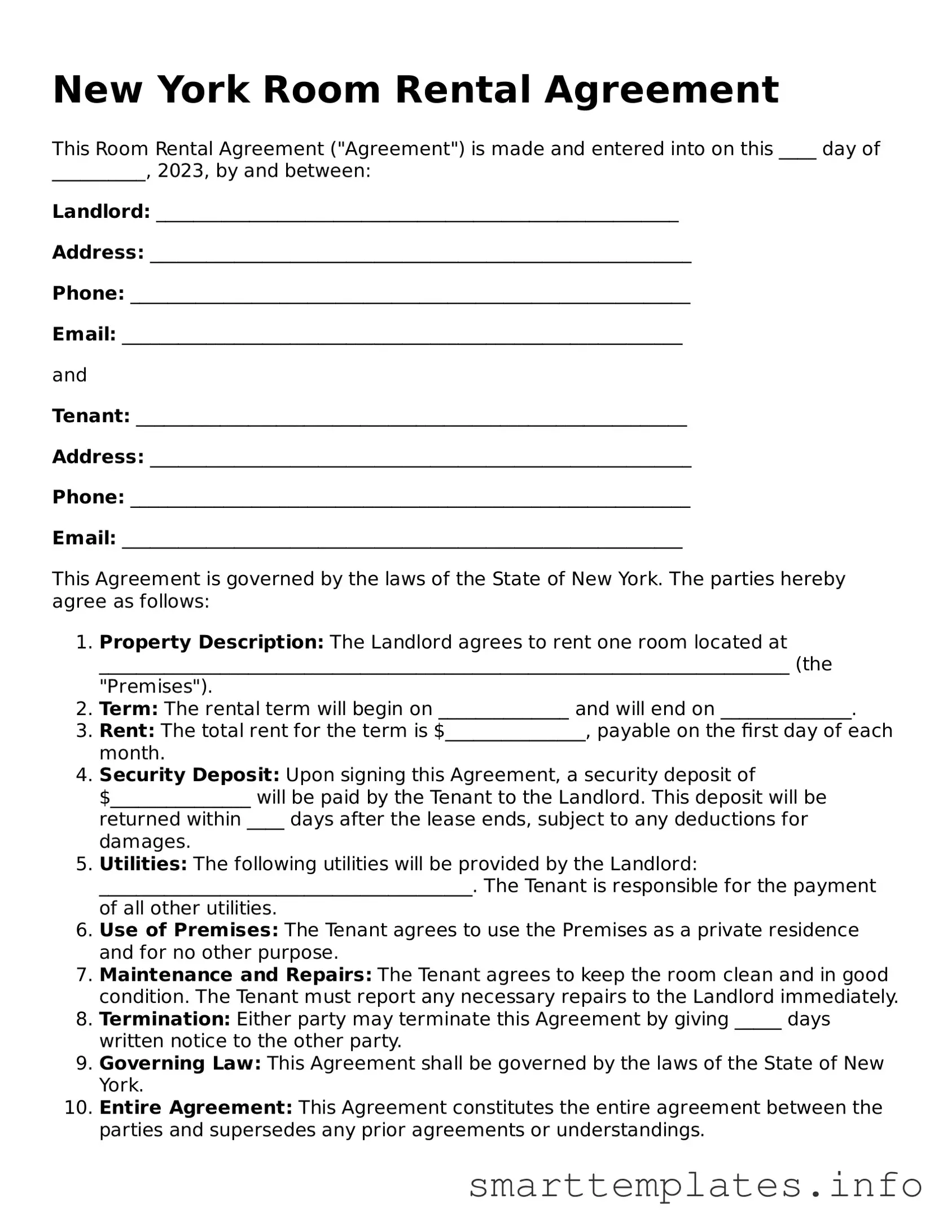Legal Room Rental Agreement Template for New York State