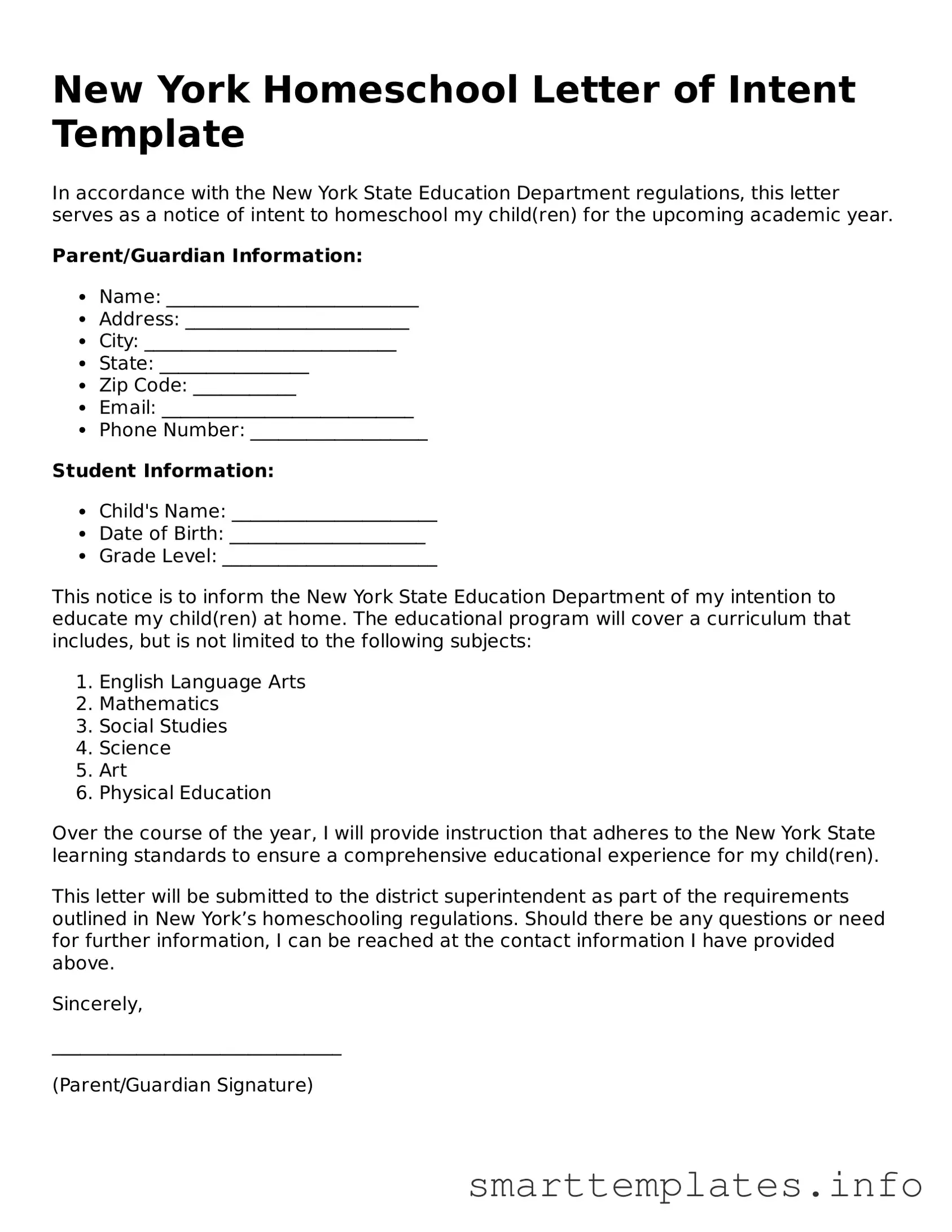 Legal Homeschool Letter of Intent Template for New York State