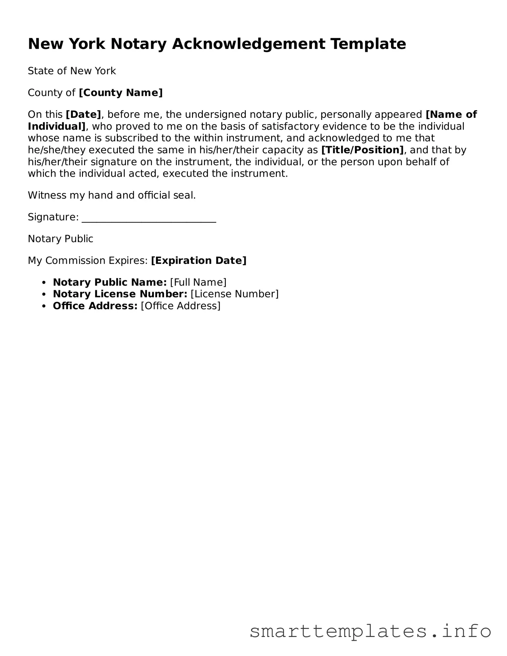 Legal Notary Acknowledgement Template for New York State
