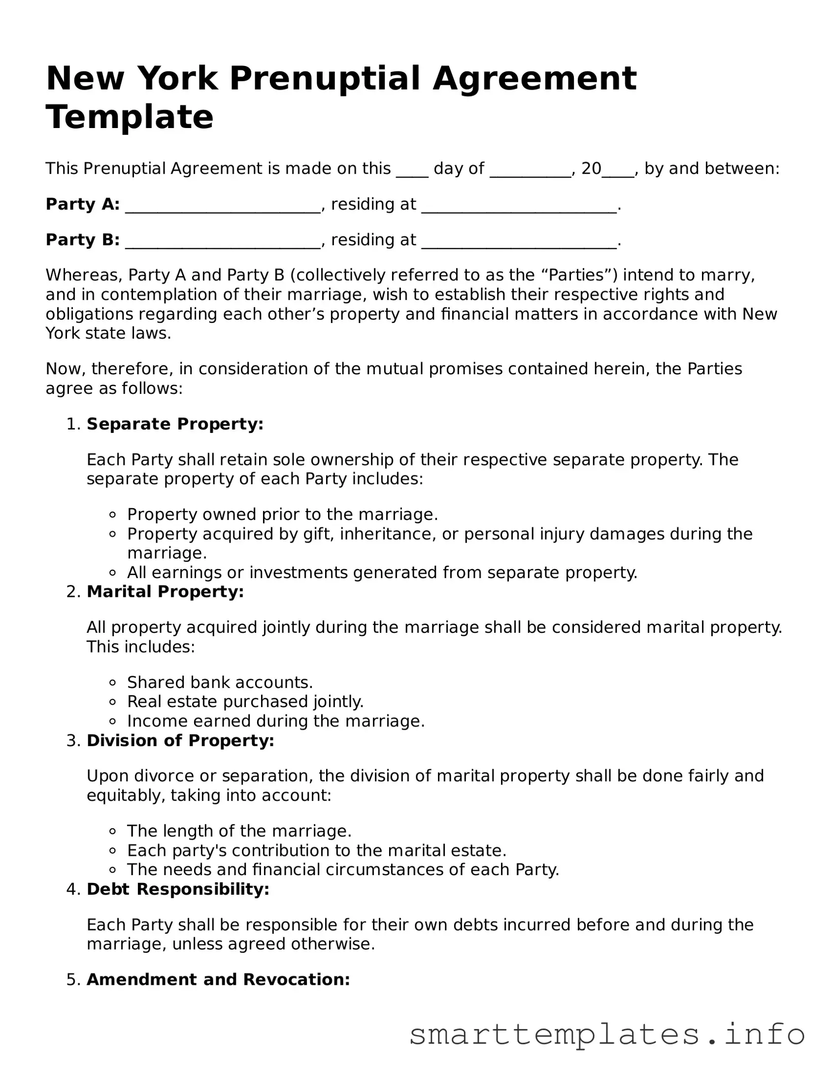 Legal Prenuptial Agreement Template for New York State