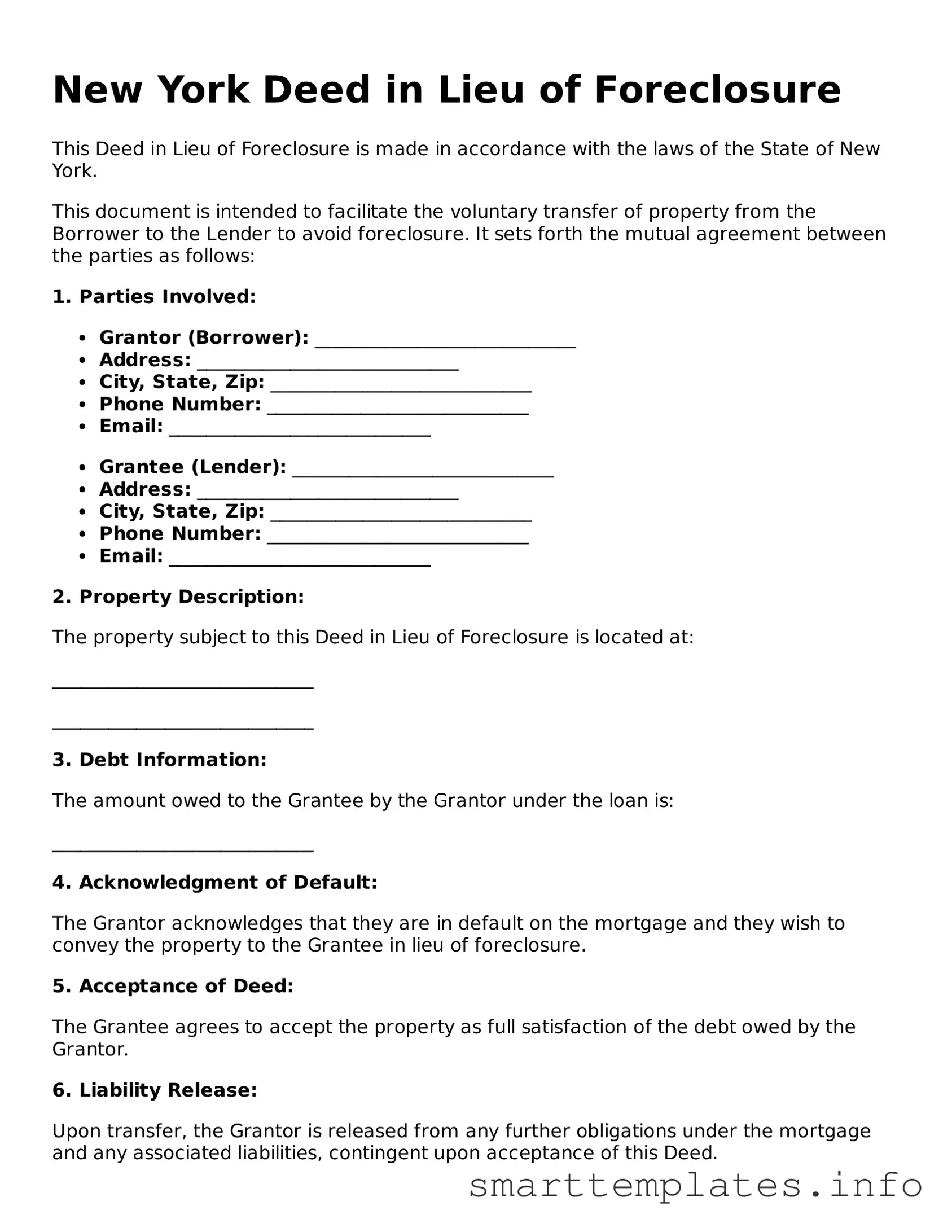 Legal Deed in Lieu of Foreclosure Template for New York State