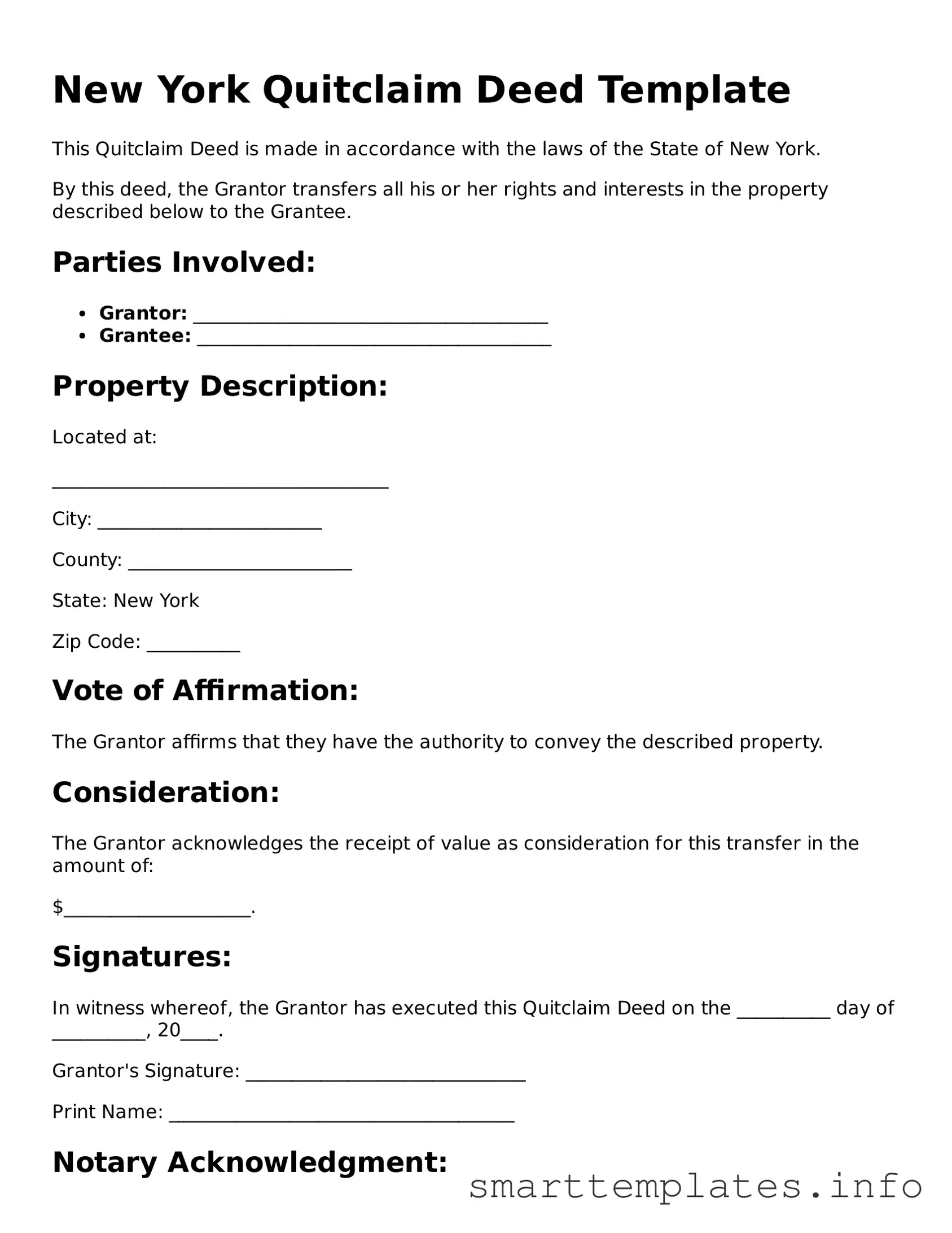 Legal Quitclaim Deed Template for New York State