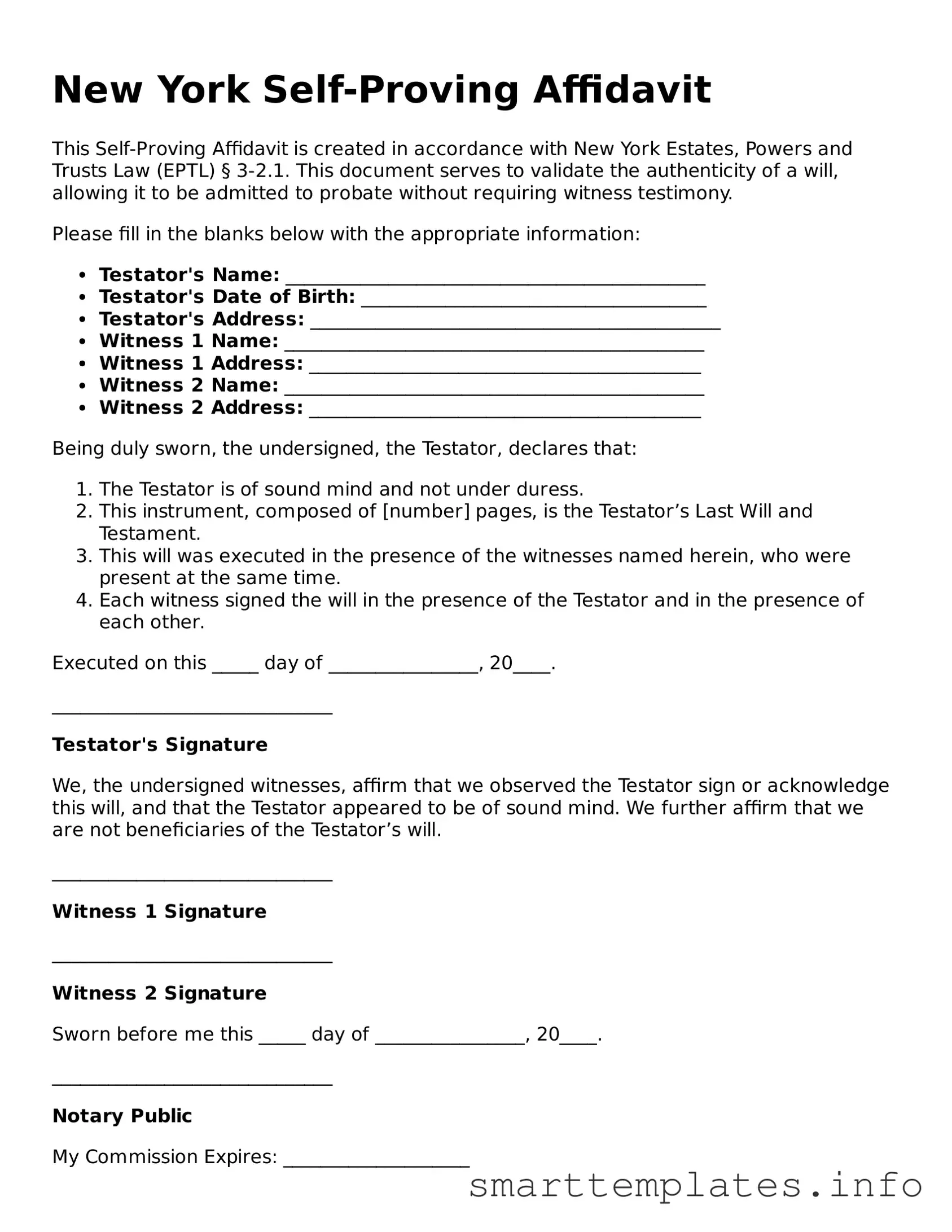 Legal Self-Proving Affidavit Template for New York State
