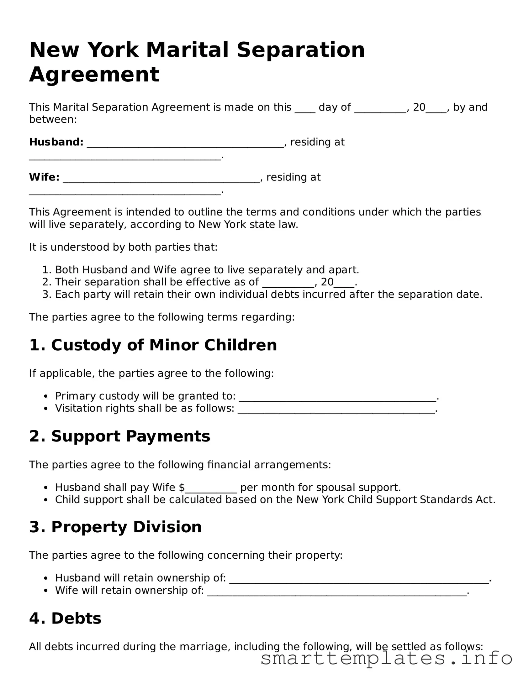 Legal Marital Separation Agreement Template for New York State