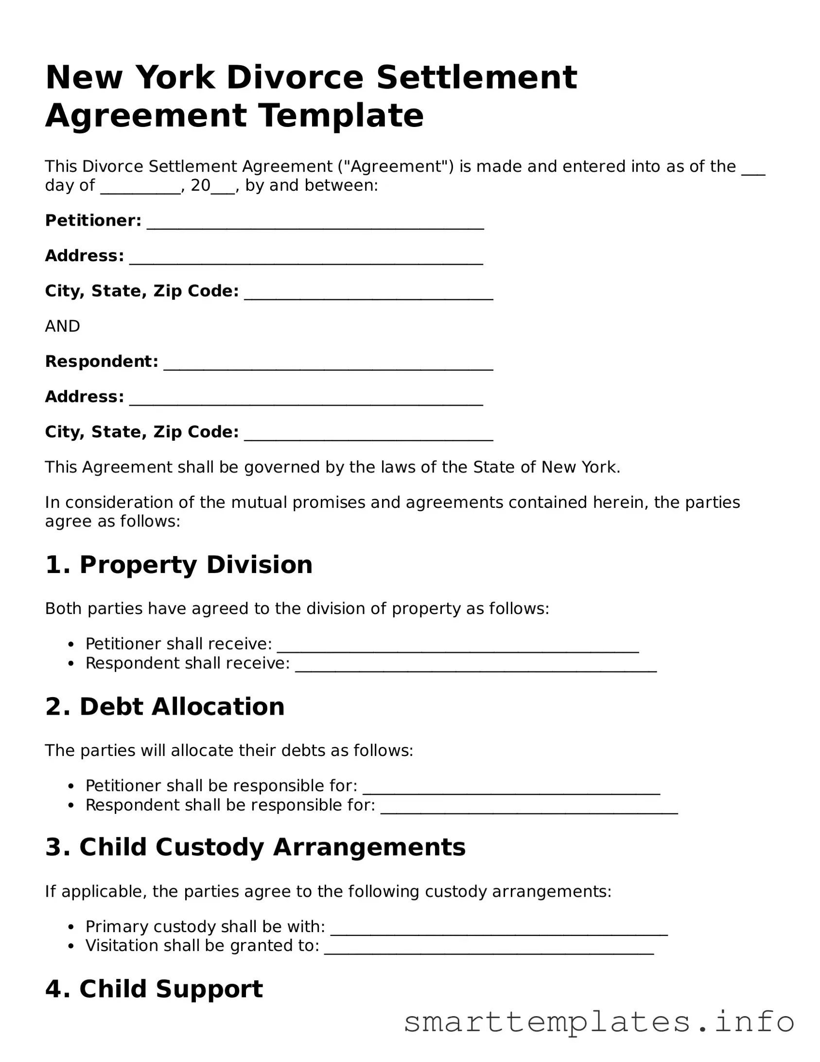 Legal Divorce Settlement Agreement Template for New York State