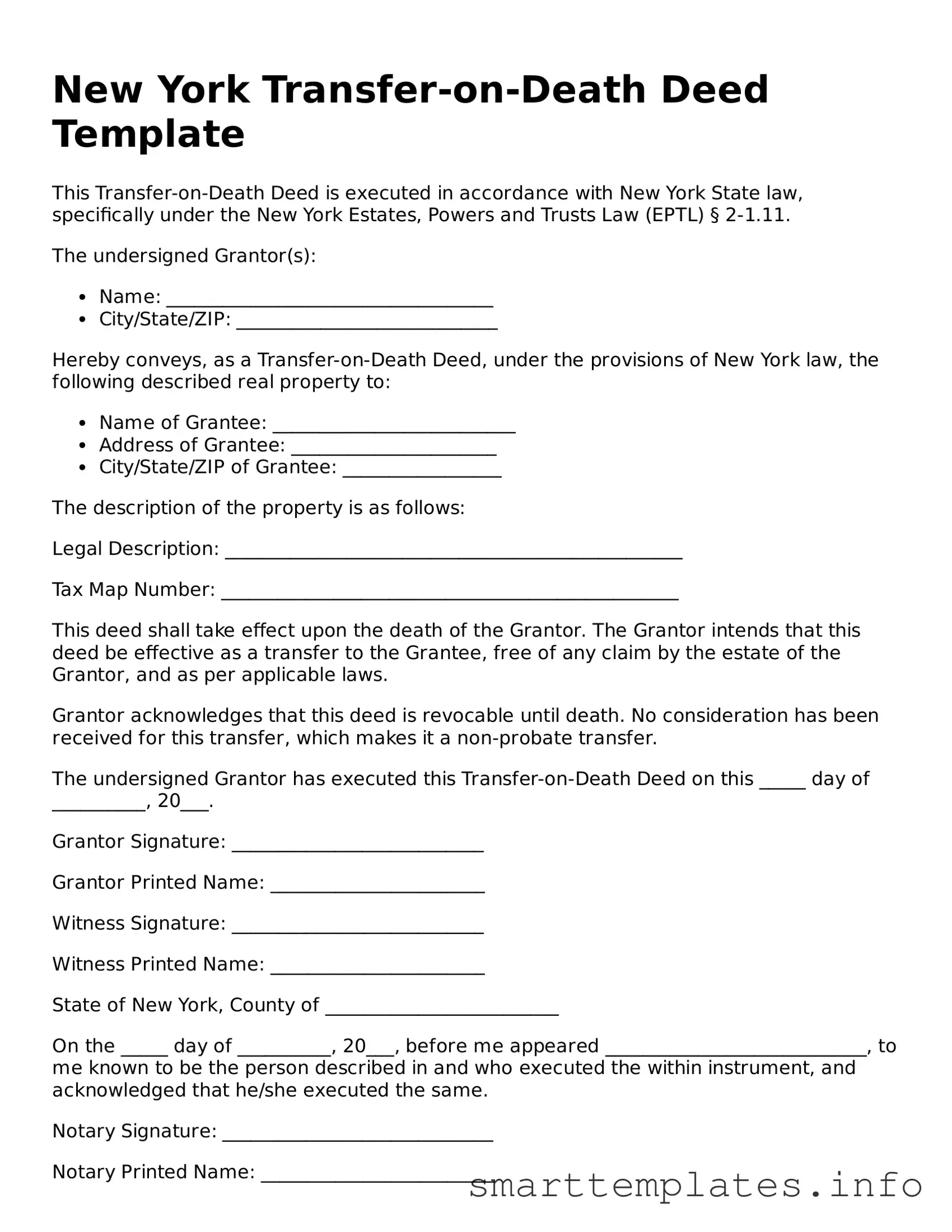 Legal Transfer-on-Death Deed Template for New York State