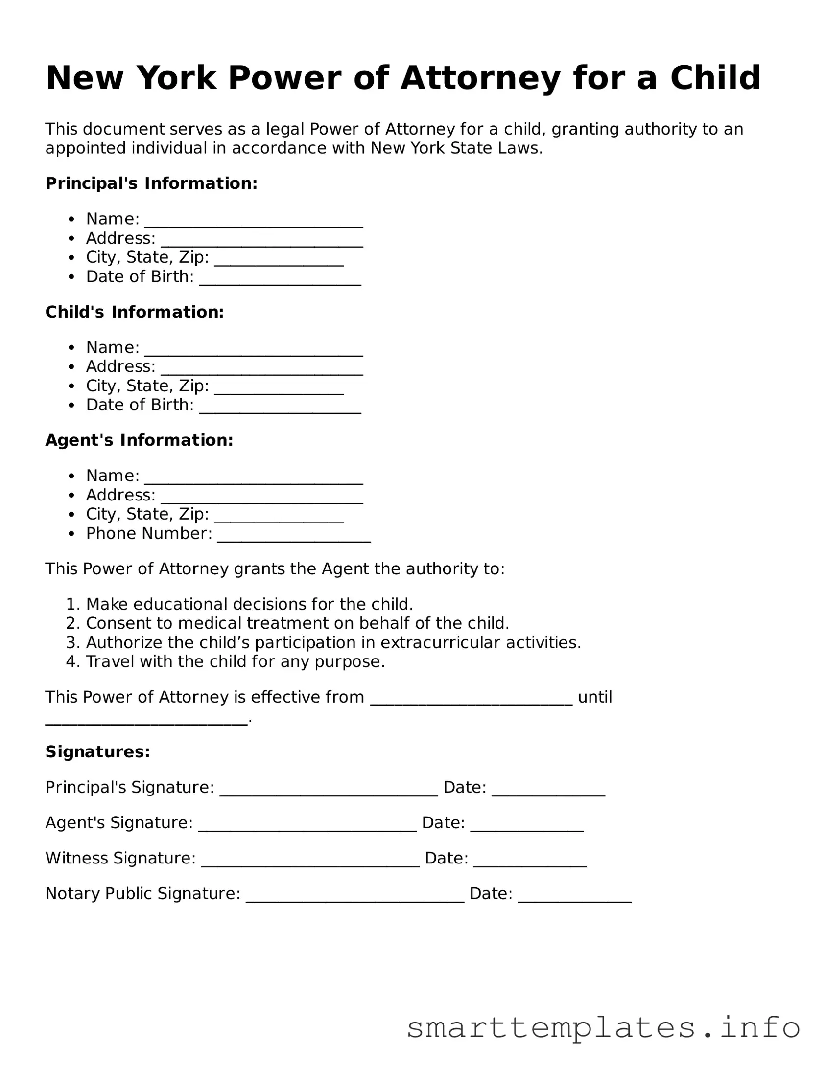 Legal Power of Attorney for a Child Template for New York State