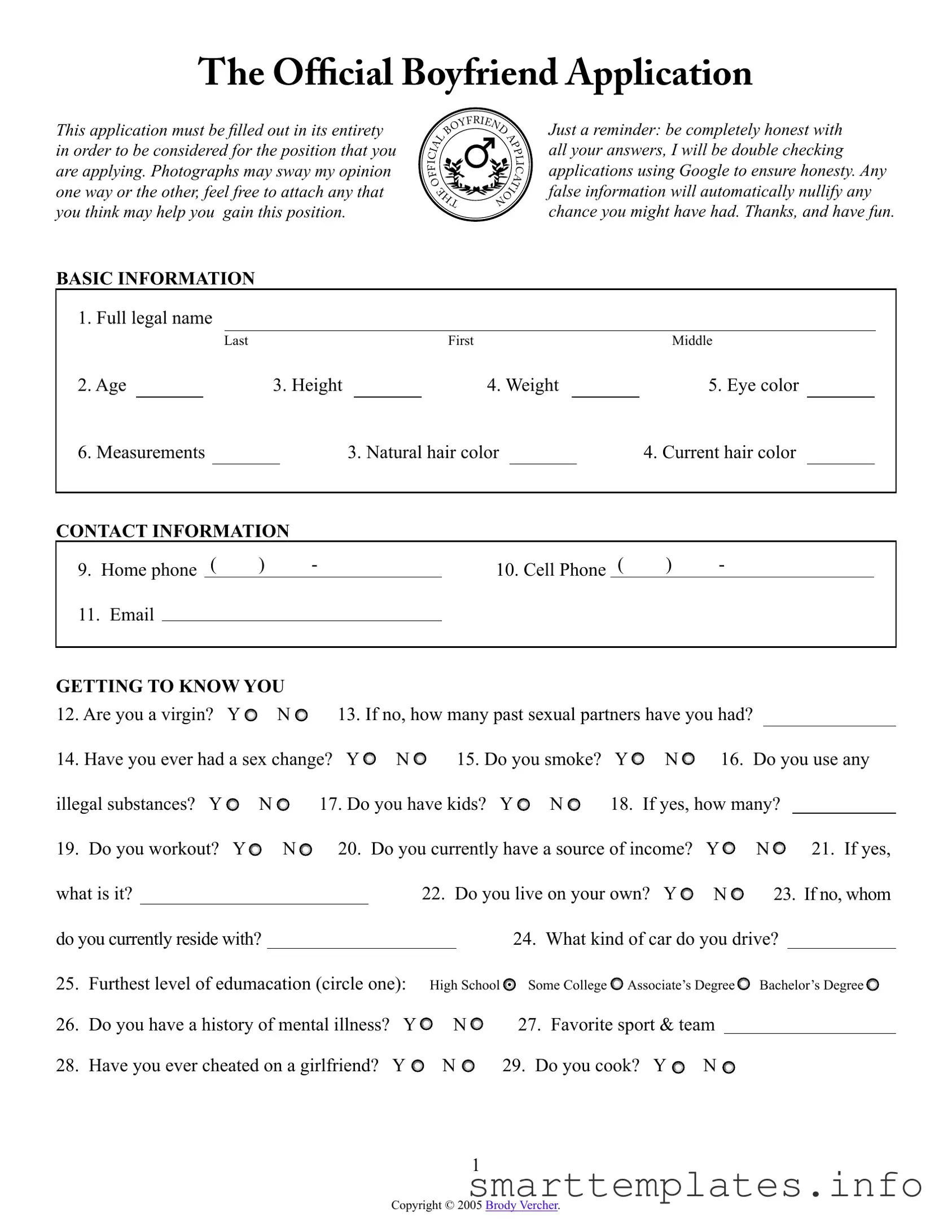 Fill in a Valid Boyfriend application form Form