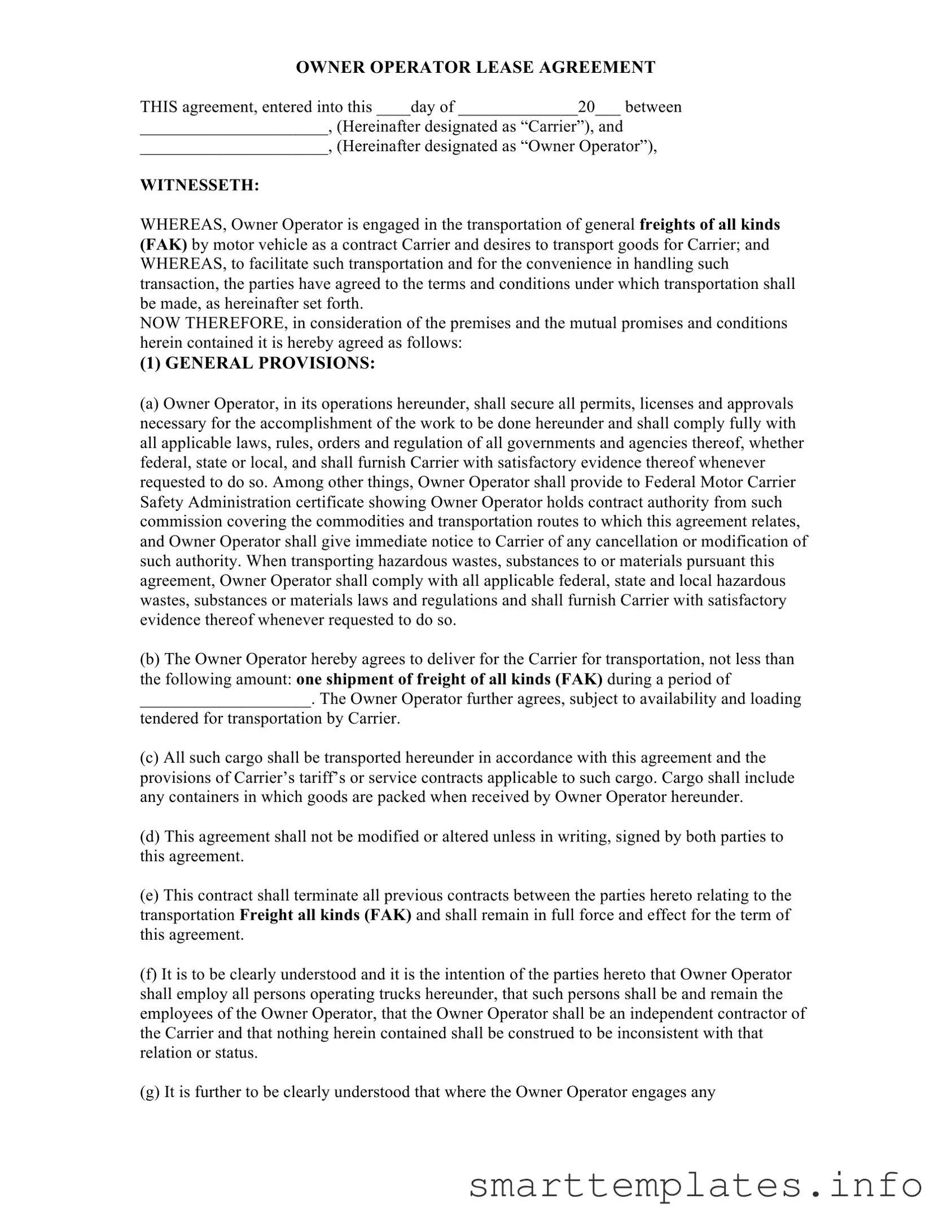 Fill in a Valid Owner Operator Lease Agreement Form