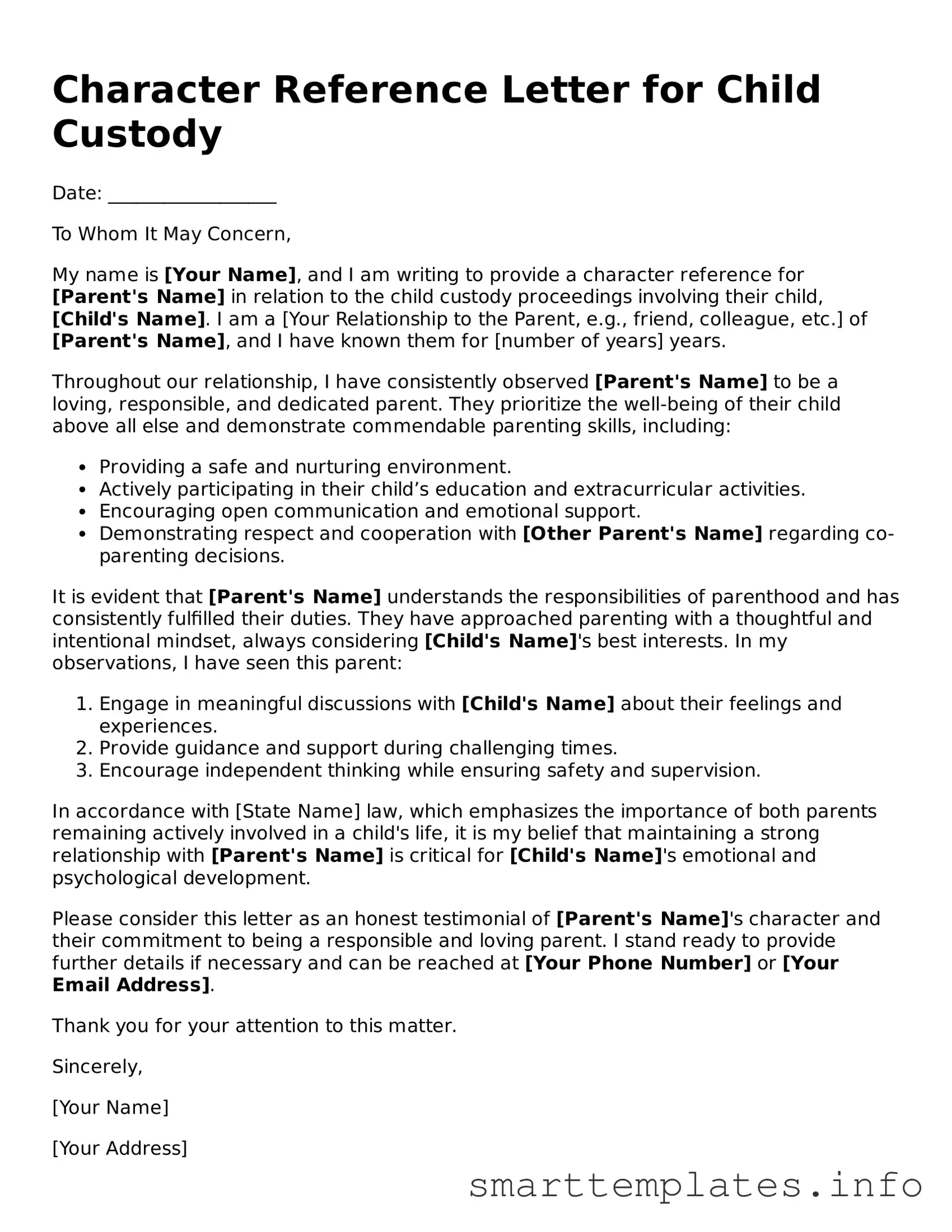 Attorney-Approved Character Reference Letter for Child Custody Template