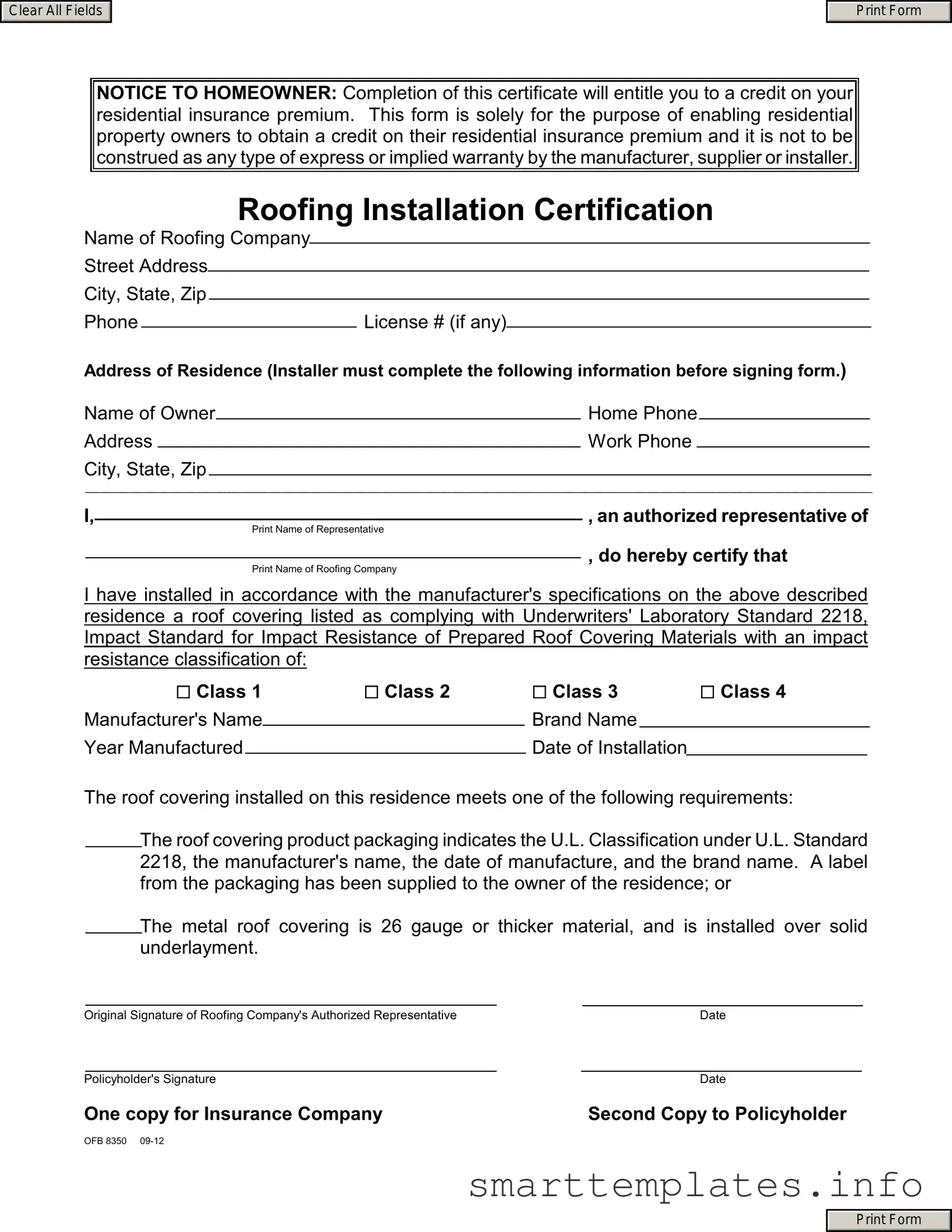 Fill in a Valid Roofing Certificate Form