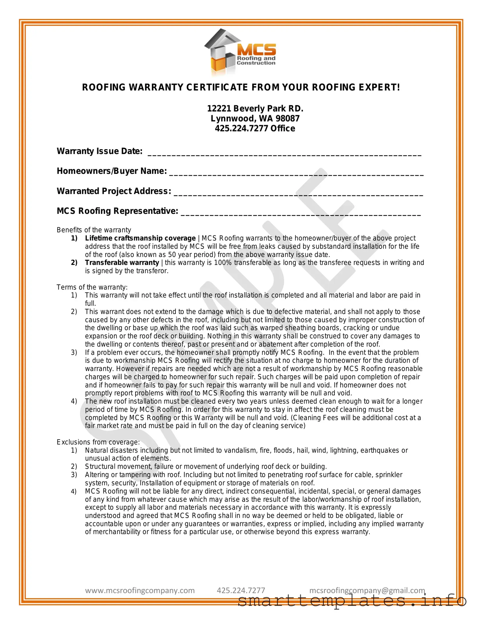 Fill in a Valid Roofing Warranty Certificate Form