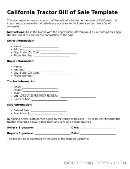 Legal Tractor Bill of Sale Template for California State