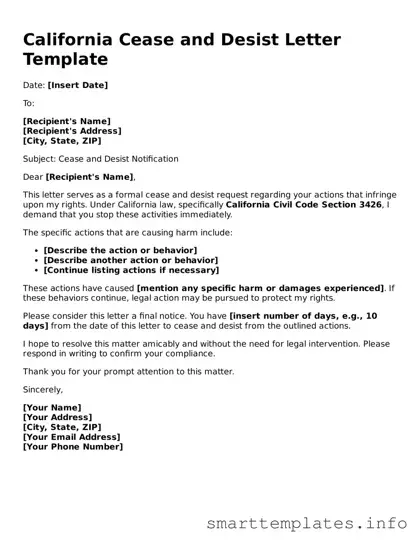 Legal Cease and Desist Letter Template for California State