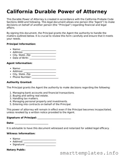 Legal Durable Power of Attorney Template for California State