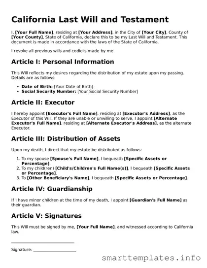 Legal Last Will and Testament Template for California State