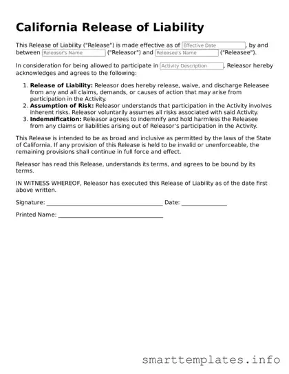 Legal Release of Liability Template for California State