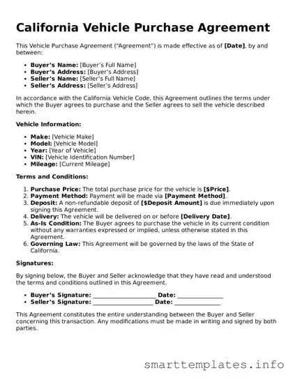 Legal Vehicle Purchase Agreement Template for California State