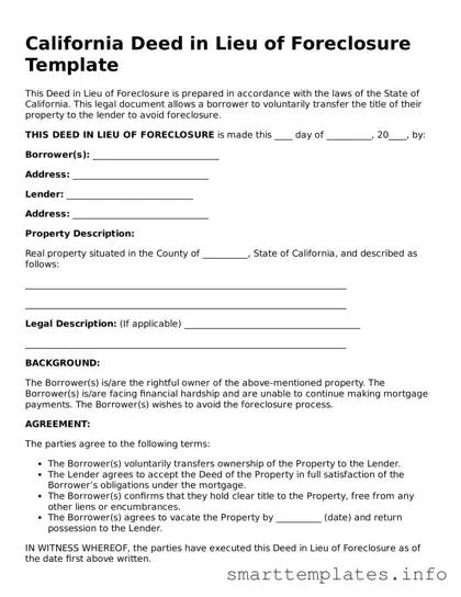 Legal Deed in Lieu of Foreclosure Template for California State