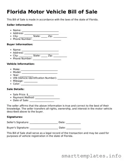 Legal Motor Vehicle Bill of Sale Template for Florida State