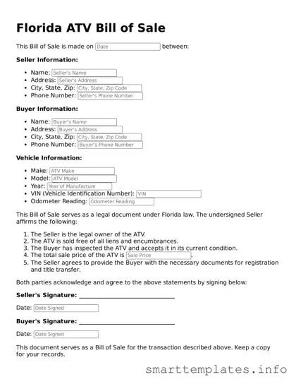 Legal ATV Bill of Sale Template for Florida State