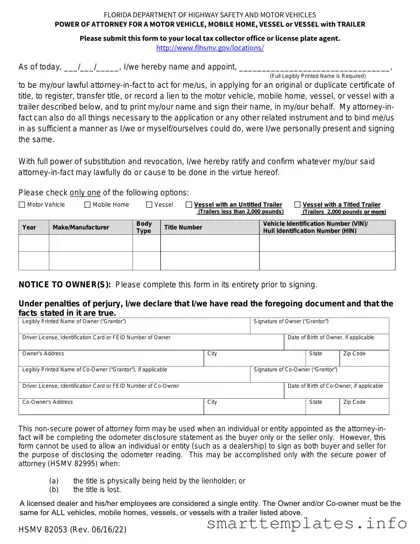 Fill in a Valid Florida Vehicle POA form 82053 Form