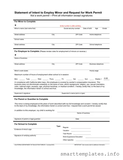 Fill in a Valid Statement of Intent to Employ Minor and Request for Work Permit Form